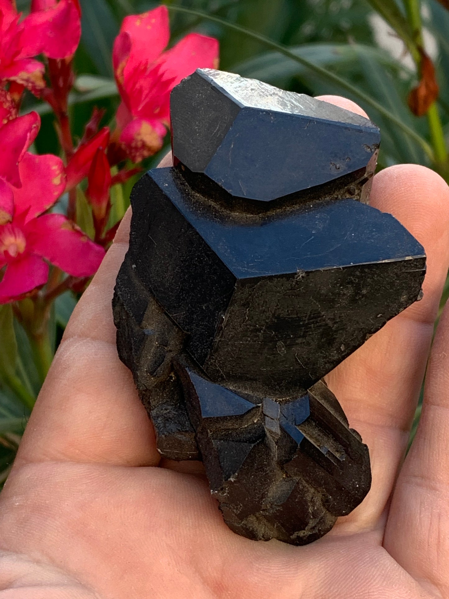 Black tourmaline, natural specimen, twin of 83 x 53 x 32 mm - 166.8 grams. A very beautiful piece with several 3-sided heads! 