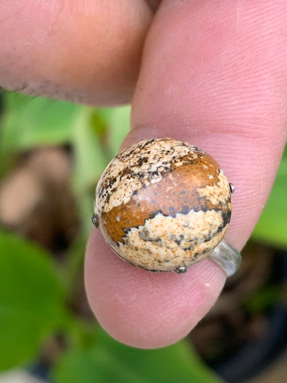 Bague en 'jaspe paysage', non teintée, cabochon en pierre collée sur anneau pré-montée en laiton couleur argent ! Taille réglable d'environ 50 à 60 Fr.