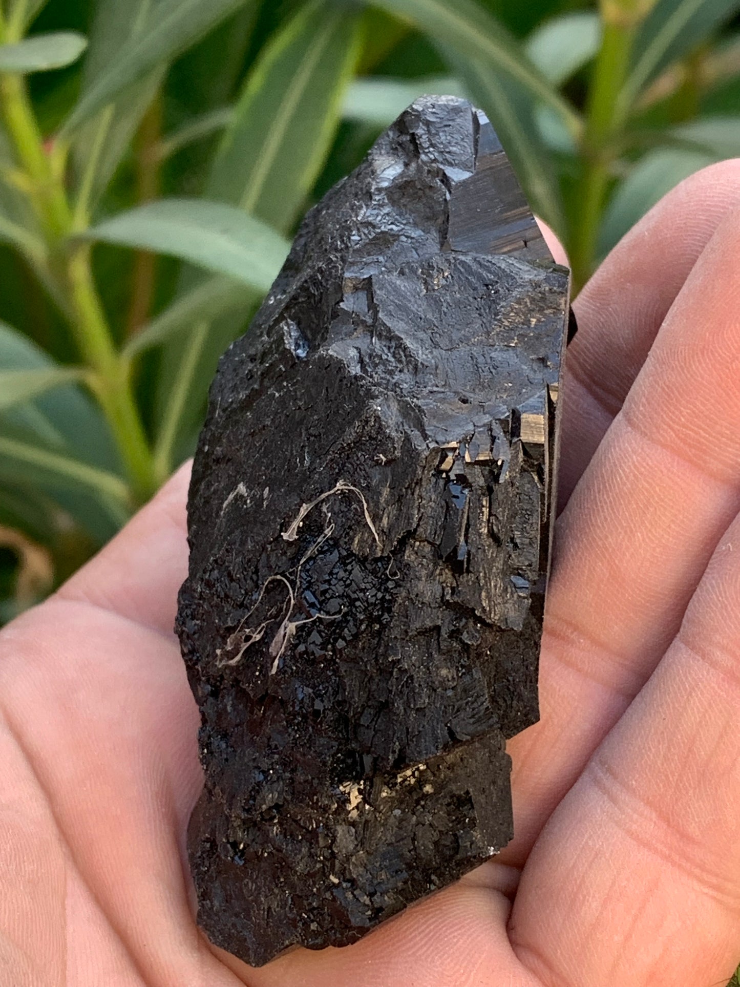 Black tourmaline, natural specimen, twin of 83 x 53 x 32 mm - 166.8 grams. A very beautiful piece with several 3-sided heads! 