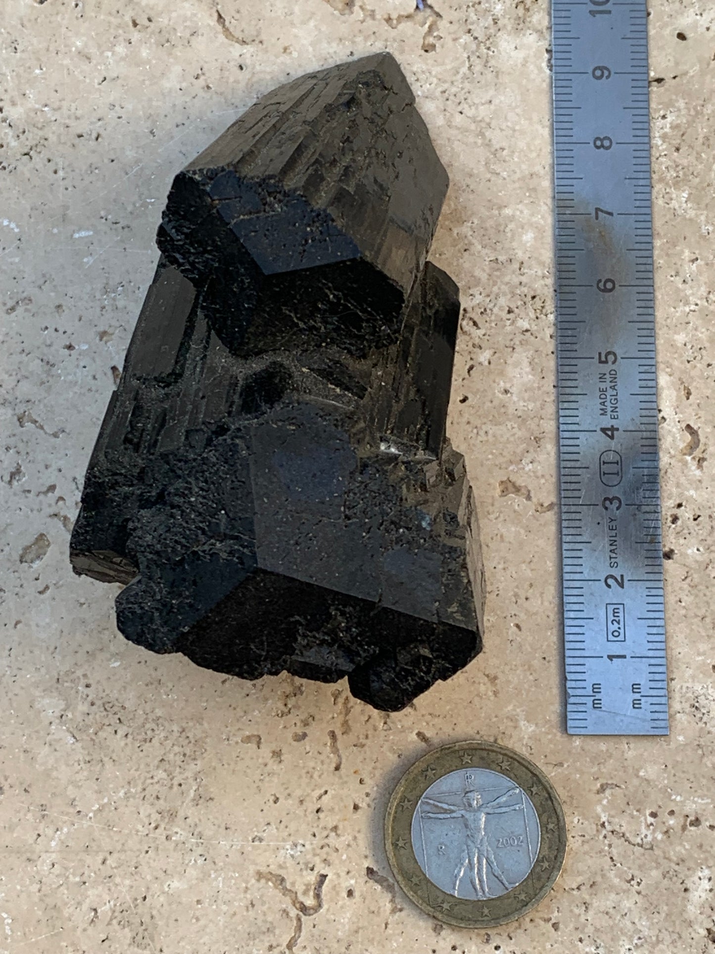 Black tourmaline, natural specimen, twin of 92 x 65 x 50 mm - 263.8 grams. A very beautiful piece with several 3-sided heads! 