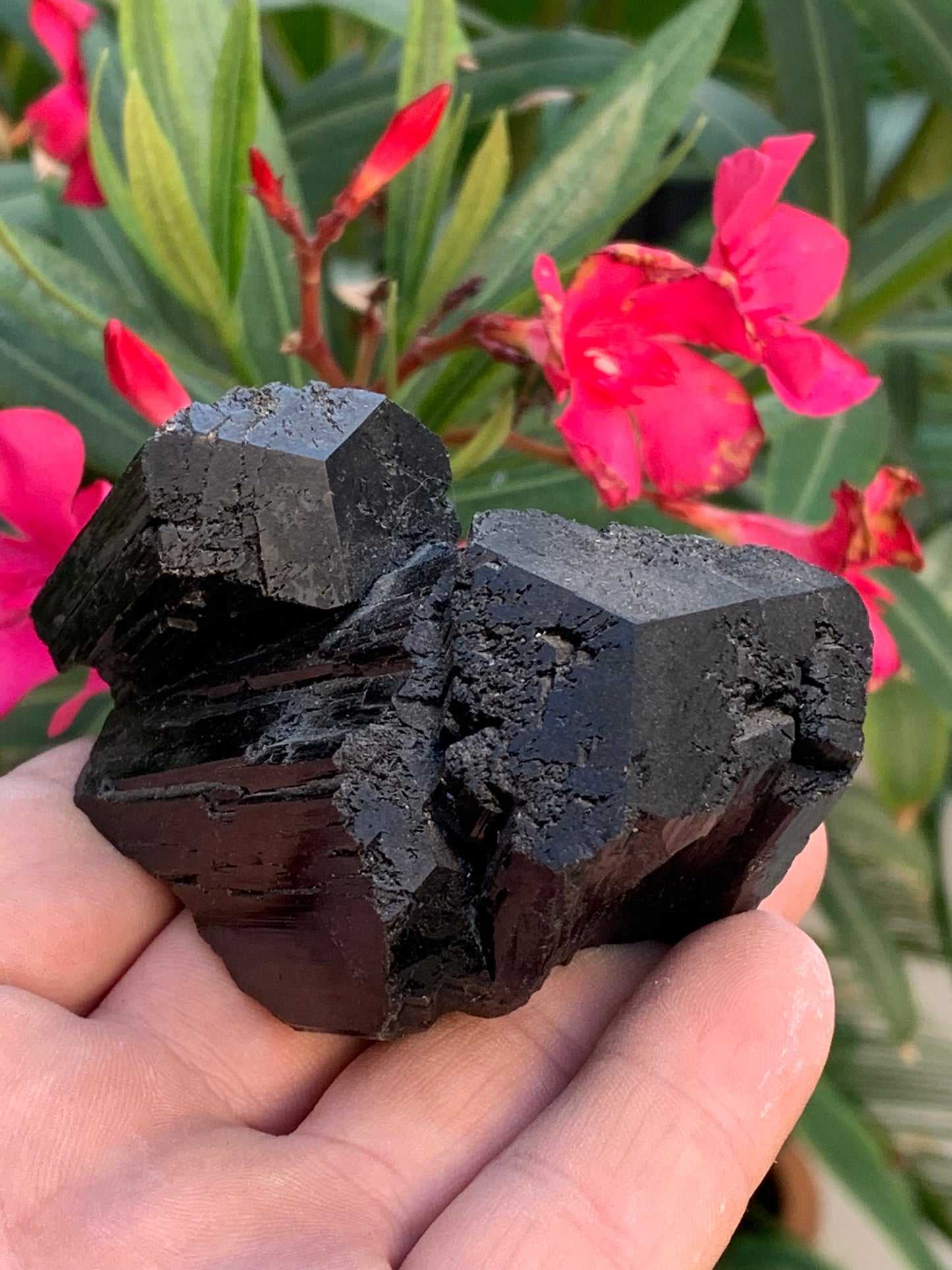 Black tourmaline, natural specimen, twin of 92 x 65 x 50 mm - 263.8 grams. A very beautiful piece with several 3-sided heads! 