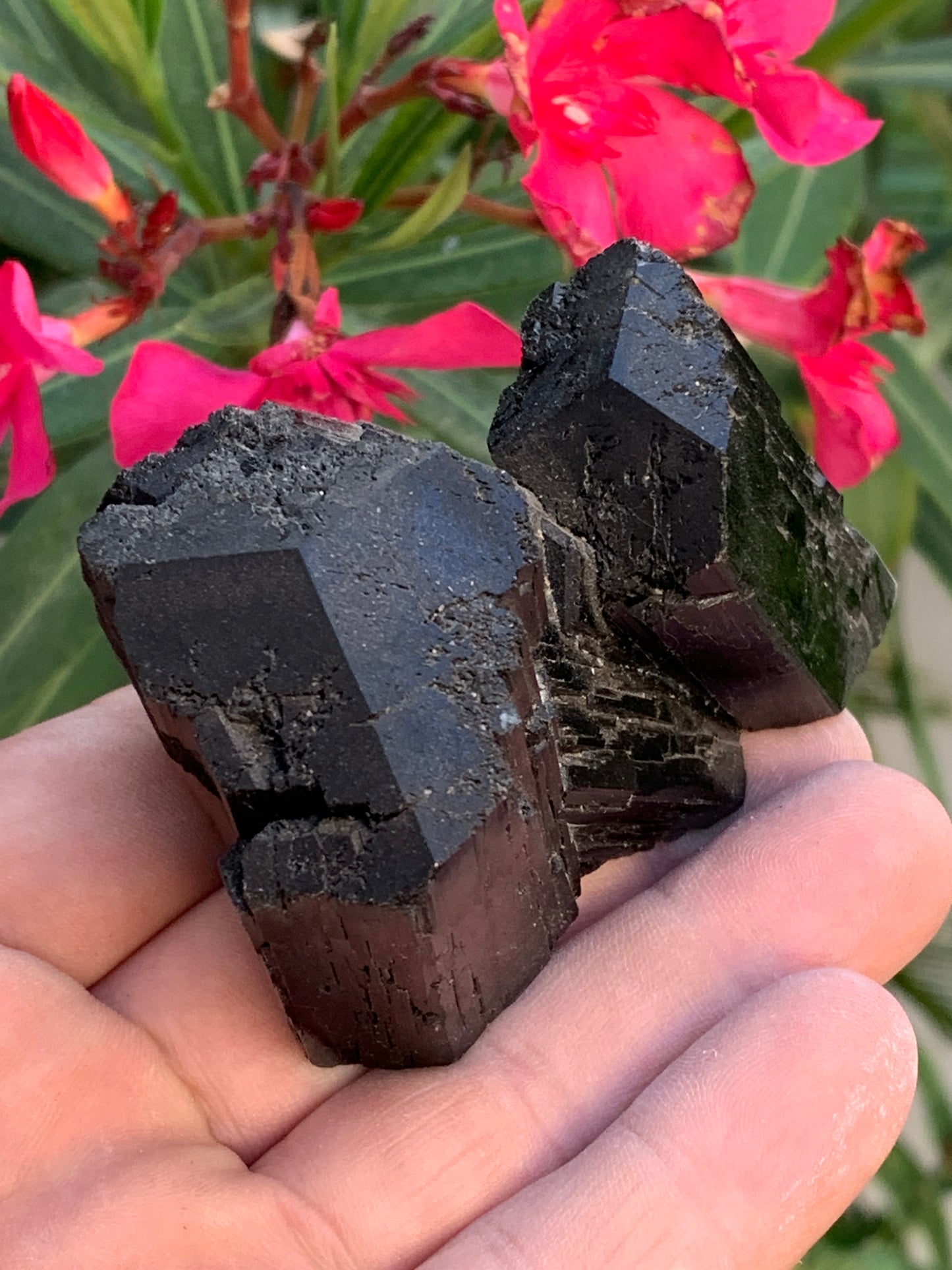 Black tourmaline, natural specimen, twin of 92 x 65 x 50 mm - 263.8 grams. A very beautiful piece with several 3-sided heads! 
