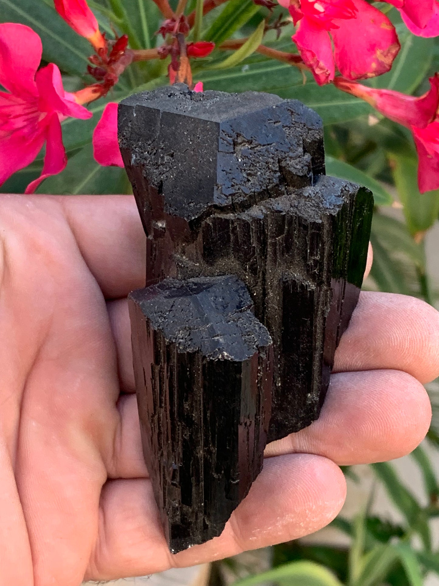 Black tourmaline, natural specimen, twin of 92 x 65 x 50 mm - 263.8 grams. A very beautiful piece with several 3-sided heads! 