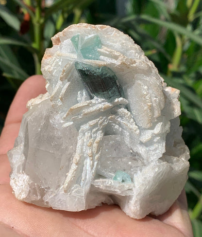 Tourmaline bleue/ Indicolite, spécimen naturel sur Quartz et Albite, de 73 x 62 x 66 mm - 293,5 grammes. Un trés beau cristal bleu transperçant !