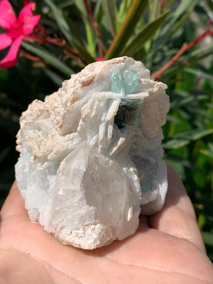Tourmaline bleue/ Indicolite, spécimen naturel sur Quartz et Albite, de 73 x 62 x 66 mm - 293,5 grammes. Un trés beau cristal bleu transperçant !
