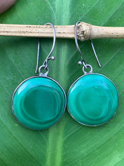 Boucles d'oreilles en Malachite, cabochons de 25mm sertis Argent 0.925, superbes pièces de qualité AA à AAA, parfait !