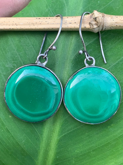 Boucles d'oreilles en Malachite, cabochons de 25mm sertis Argent 0.925, superbes pièces de qualité AA à AAA, parfait !