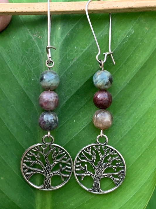 Pink Tourmaline (Rubellite) earrings, 3 8mm beads on a tree of life post, AA to AAA quality. Sold in silver or brass with a silver or gold finish, perfect!