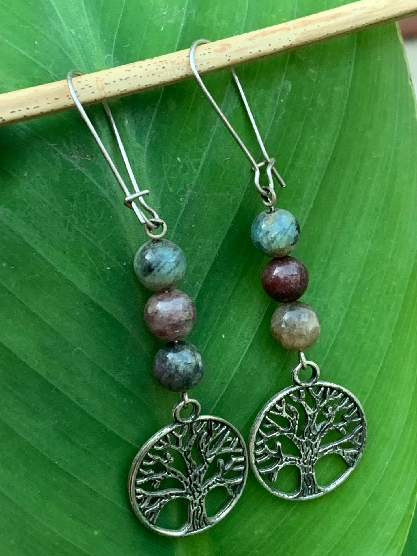 Pink Tourmaline (Rubellite) earrings, 3 8mm beads on a tree of life post, AA to AAA quality. Sold in silver or brass with a silver or gold finish, perfect!