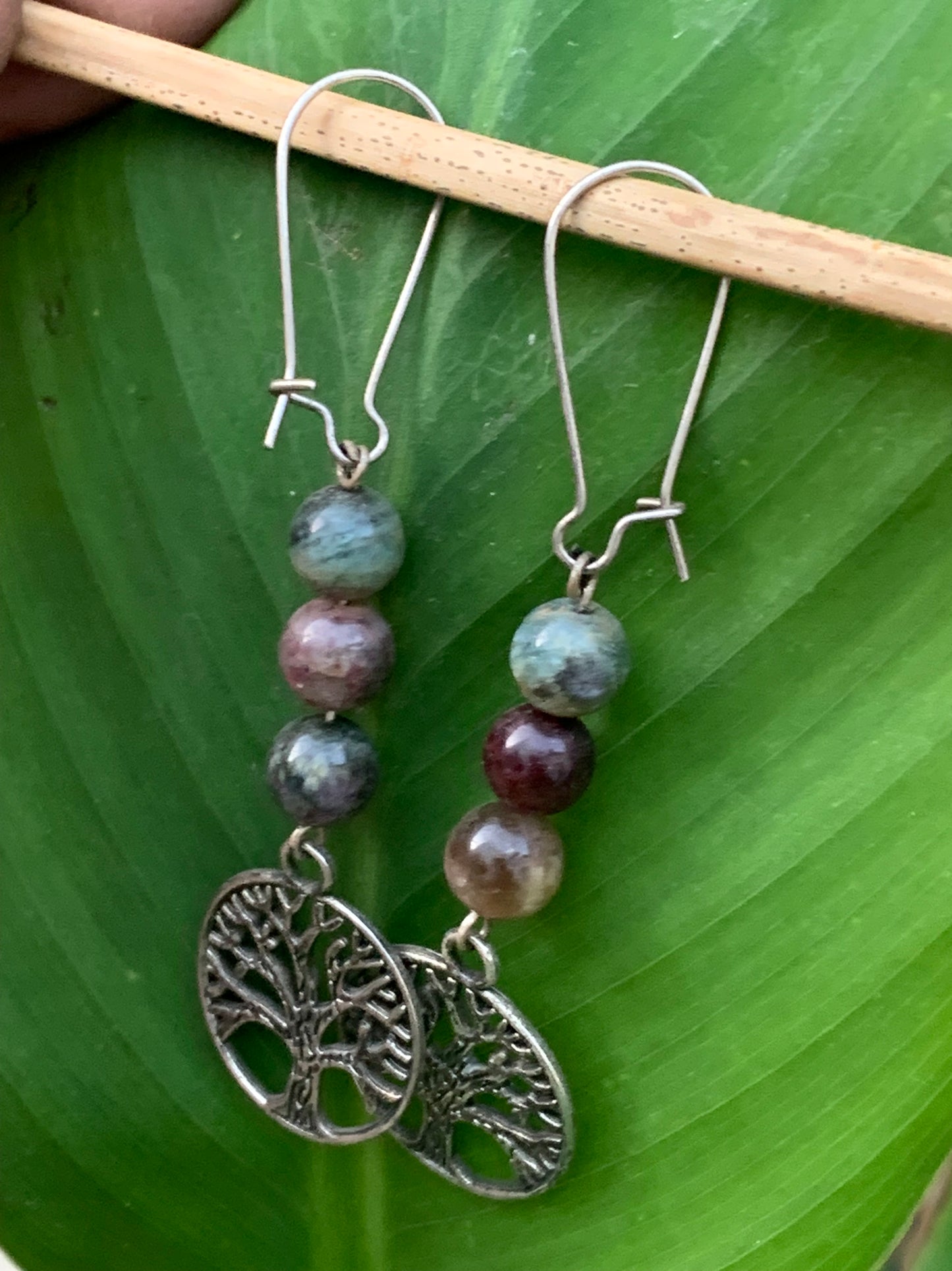 Pink Tourmaline (Rubellite) earrings, 3 8mm beads on a tree of life post, AA to AAA quality. Sold in silver or brass with a silver or gold finish, perfect!