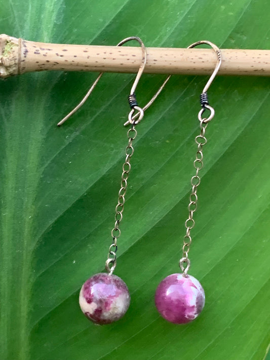 Pink Tourmaline (Rubellite) earrings, loose bead on metal chain, AA to AAA quality. Sold in Silver or brass with silver or gold finish, perfect!