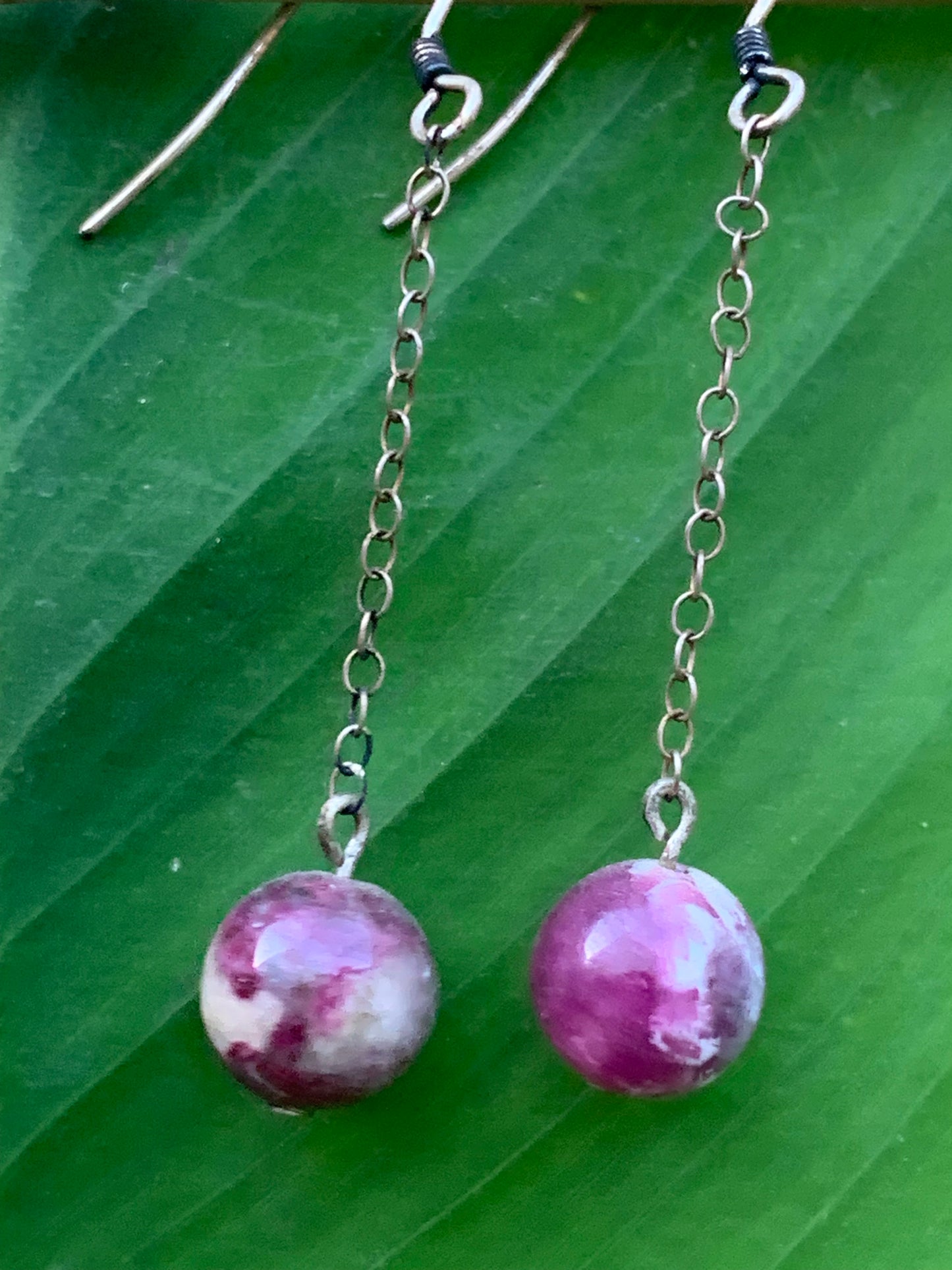 Pink Tourmaline (Rubellite) earrings, loose bead on metal chain, AA to AAA quality. Sold in Silver or brass with silver or gold finish, perfect!