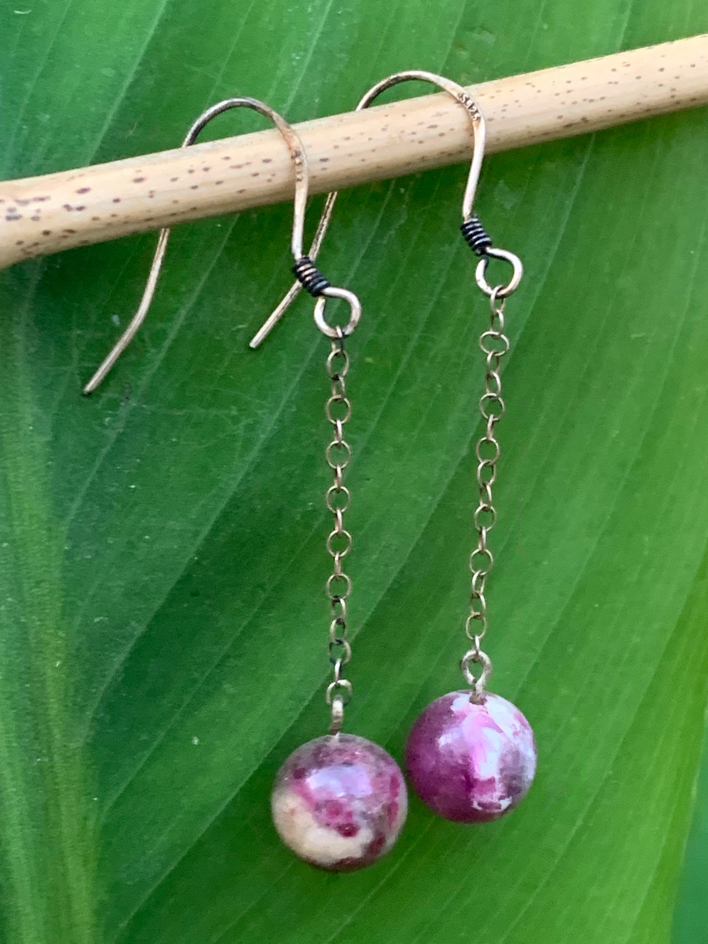 Pink Tourmaline (Rubellite) earrings, loose bead on metal chain, AA to AAA quality. Sold in Silver or brass with silver or gold finish, perfect!