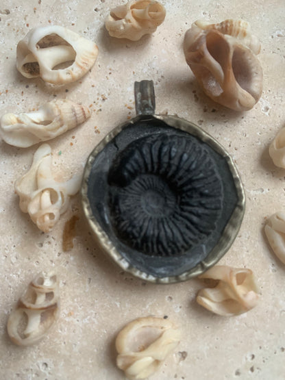 Ammonite fossile du Népal, taille de 45x35x12 millimètres. Pièce authentique et unique, révélant les spirales naturelles et les motifs fascinants de ce fossile. Livré avec cordon coulissant, prêt à porté ou à offrir !