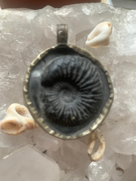 Ammonite fossile du Népal, taille de 45x35x12 millimètres. Pièce authentique et unique, révélant les spirales naturelles et les motifs fascinants de ce fossile. Livré avec cordon coulissant, prêt à porté ou à offrir !