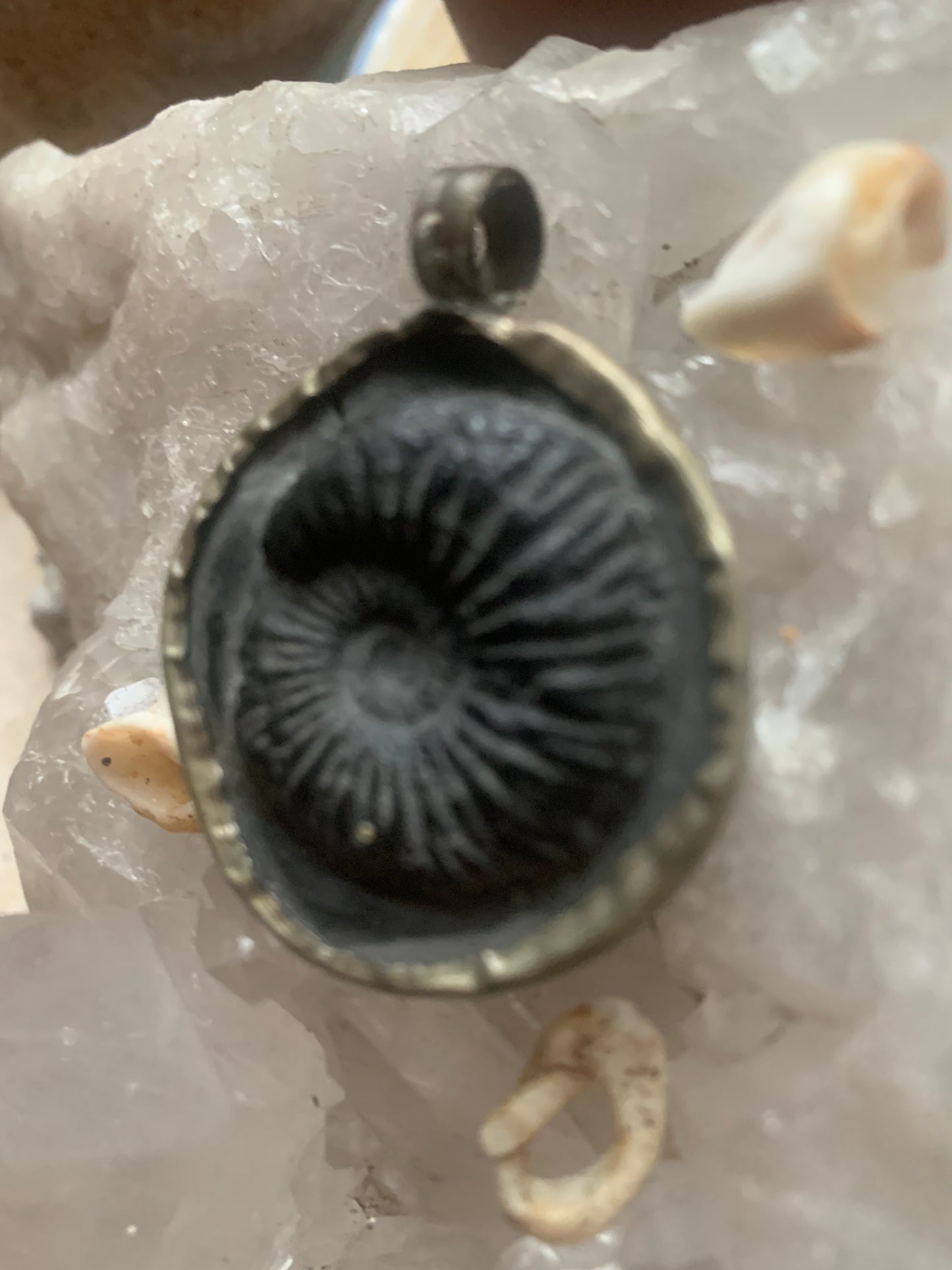 Ammonite fossile du Népal, taille de 45x35x12 millimètres. Pièce authentique et unique, révélant les spirales naturelles et les motifs fascinants de ce fossile. Livré avec cordon coulissant, prêt à porté ou à offrir !
