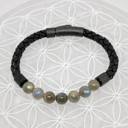 Collection n°3 de bracelets, 'Cuir & fermoir magnétique", simple rang, avec perles de 8 mm - 20,5 cm de longueur !