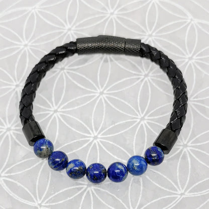 Collection n°3 de bracelets, 'Cuir & fermoir magnétique", simple rang, avec perles de 8 mm - 20,5 cm de longueur !
