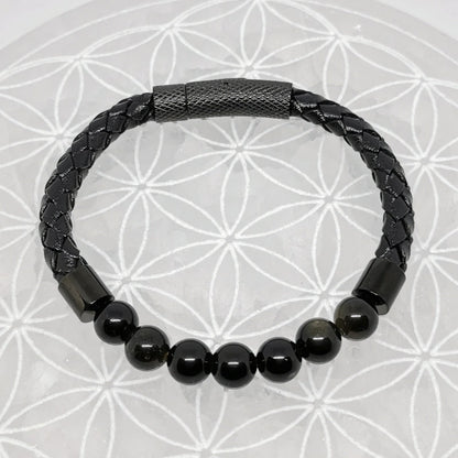Collection n°3 de bracelets, 'Cuir & fermoir magnétique", simple rang, avec perles de 8 mm - 20,5 cm de longueur !
