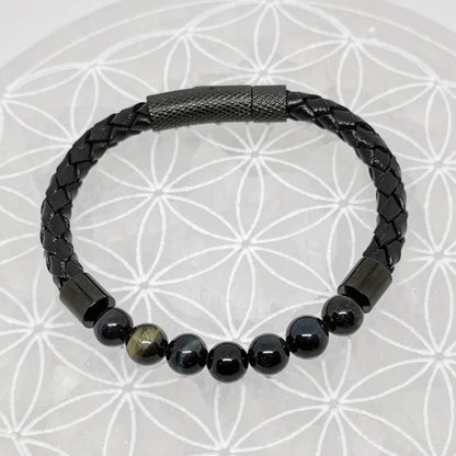 Collection n°3 de bracelets, 'Cuir & fermoir magnétique", simple rang, avec perles de 8 mm - 20,5 cm de longueur !