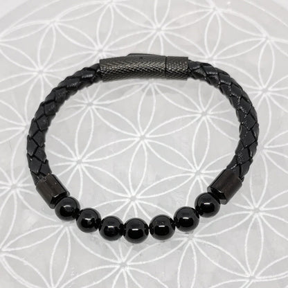 Collection n°3 de bracelets, 'Cuir & fermoir magnétique", simple rang, avec perles de 8 mm - 20,5 cm de longueur !