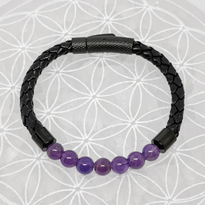 Collection n°3 de bracelets, 'Cuir & fermoir magnétique", simple rang, avec perles de 8 mm - 20,5 cm de longueur !