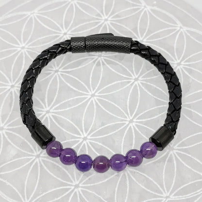 Collection n°3 de bracelets, 'Cuir & fermoir magnétique", simple rang, avec perles de 8 mm - 20,5 cm de longueur !