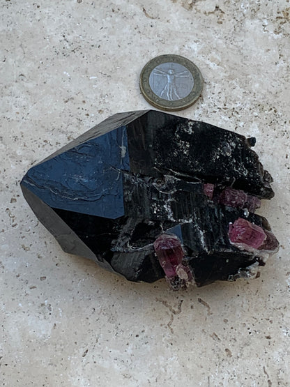 Cristal de roche fumé/ Quartz Morion / Quartz Fumé avec Tourmaline Rubellite, incroyable spécimen naturel de 90 x 70 x 48mm - 216 grammes. Superbe pièce !
