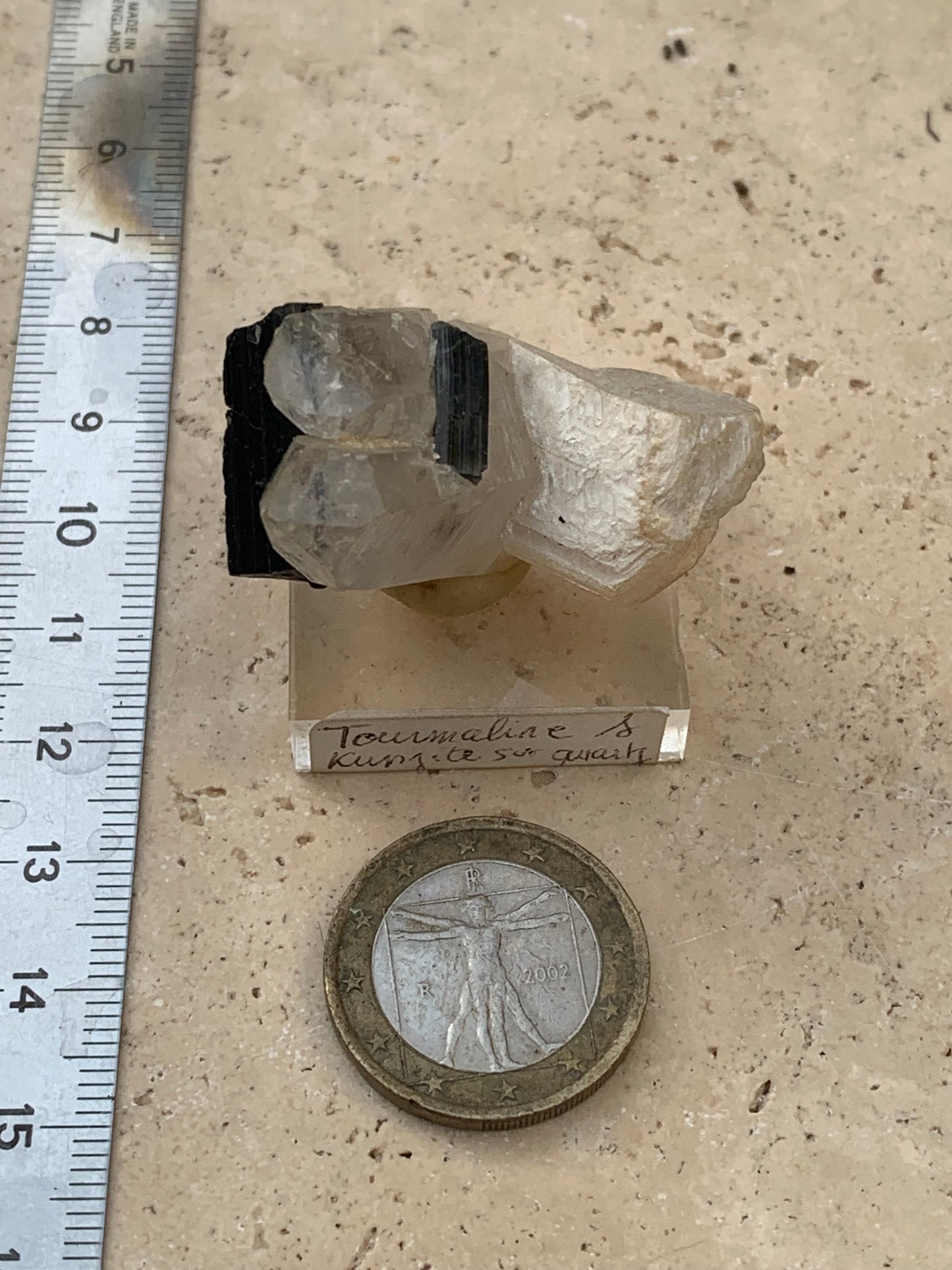 Black Tourmaline, natural specimen measuring 38 x 26 x 23 mm - 19.5 grams. A very beautiful tourmaline on Quartz and green Kunzite! 