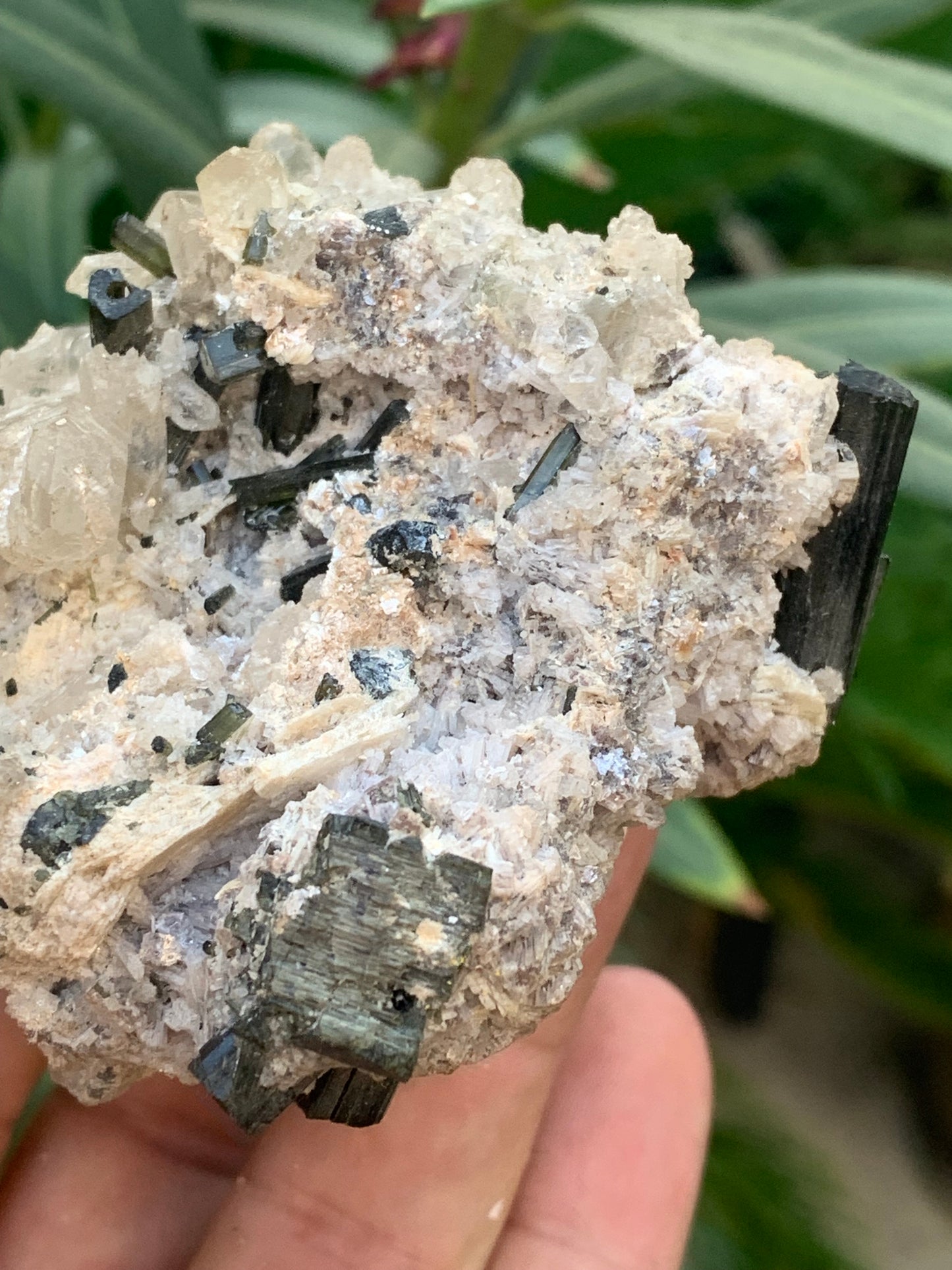 Tourmaline verte/ Verdélite sur cristal de quartz, spécimen naturel de 80 x 62 x 60 mm - 267 grammes environ. D’innombrables cristaux sur macle !