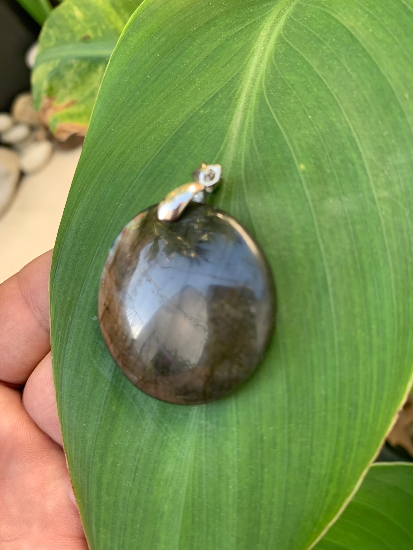 Labradorite, pendentif 'cabochon percé' de 50mm x 35 x 6. Qualité A à AA, vendu avec cordon réglable de couleur noire !