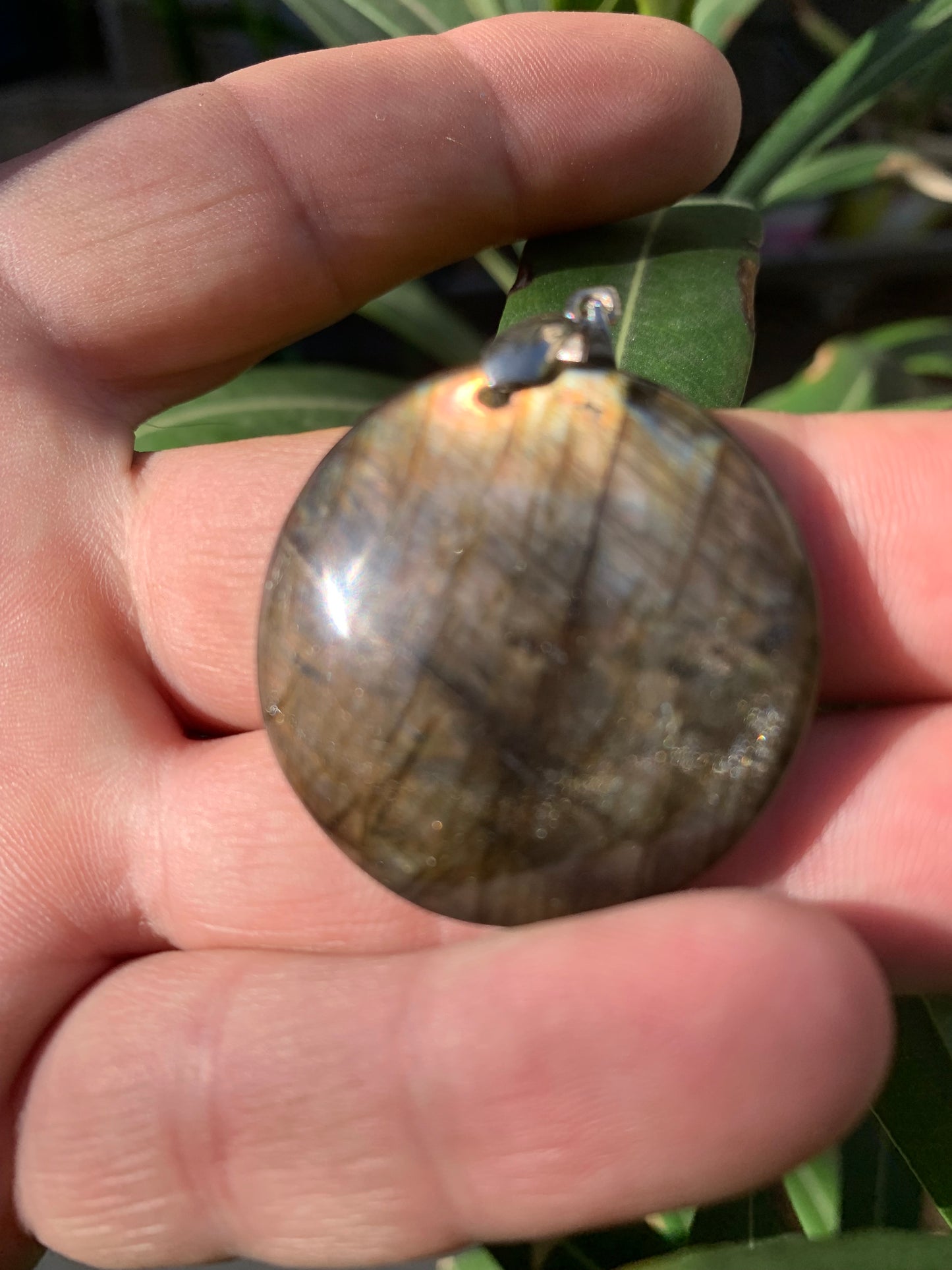 Labradorite, pendentif 'cabochon percé' de 50mm x 35 x 6. Qualité A à AA, vendu avec cordon réglable de couleur noire !
