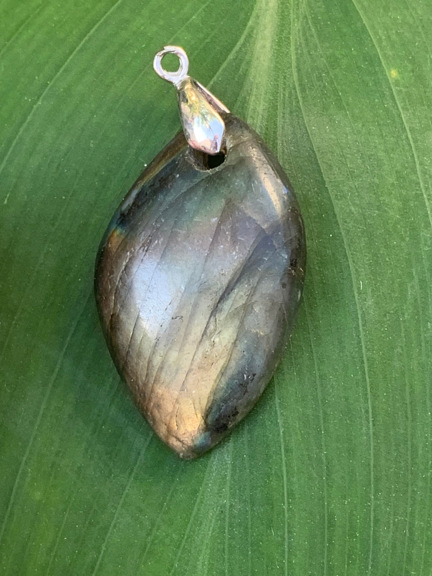 Labradorite, pendentif 'cabochon percé' de 40mm x 21 x 6. Qualité A à AA, vendu avec cordon réglable de couleur noire !