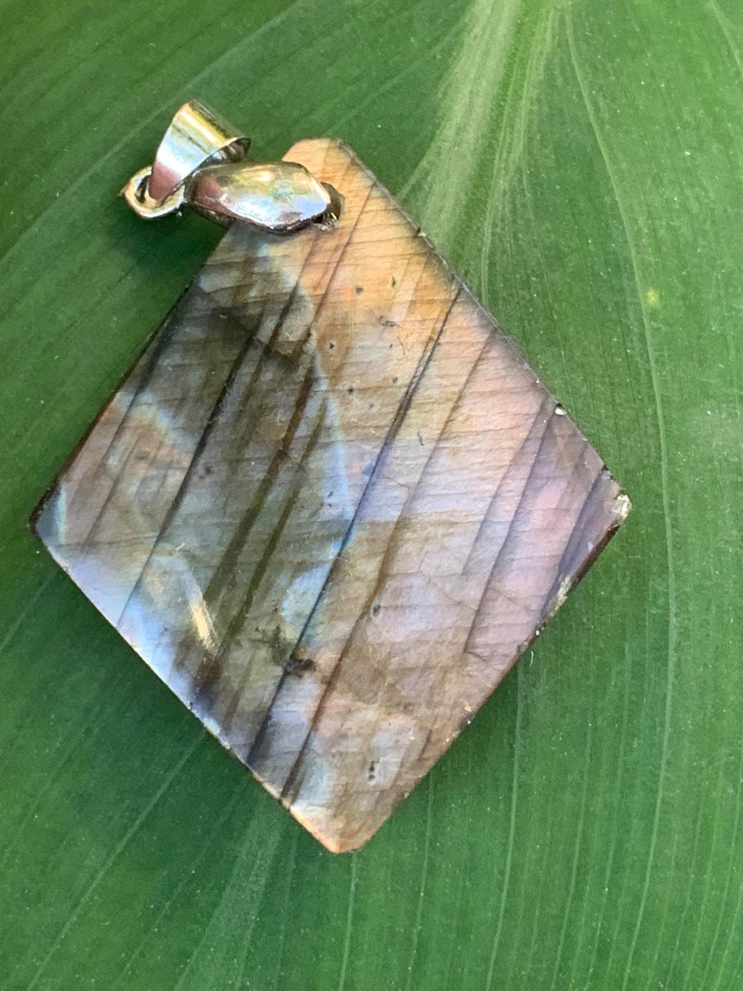 Labradorite, pendentif 'cabochon percé' de 50mm x 30 x 6. Qualité A à AA, vendu avec cordon réglable de couleur noire !