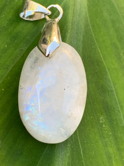 Labradorite blanche/ pierre de lune, pendentif en 'cabochon percé' de 40mm x 19 x 8. Qualité AA à AAA, vendu avec cordon réglable de couleur noire !
