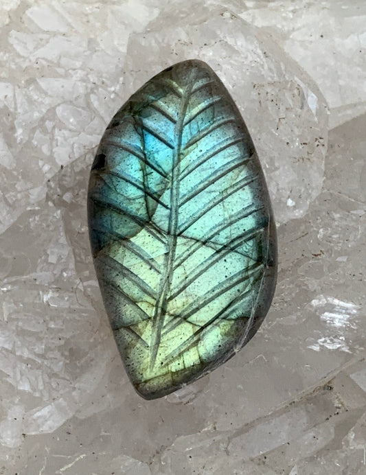 Labradorite, engraved cabochon of 32mm x 16 x 7. AA to AAA quality, perfect for mounting in jewelry or collection!