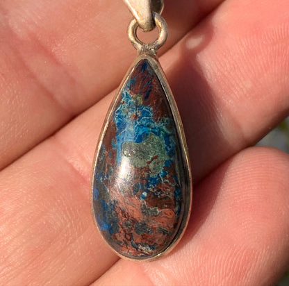 Chrysocolla! Unique silver pendant, 38 mm high x 13 mm wide x 7 mm thick. Sold with an adjustable black cord. Made by Gen &amp; Zen!