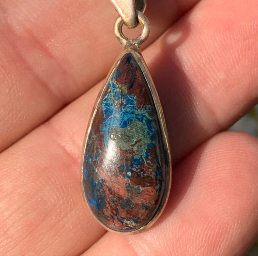 Chrysocolla! Unique silver pendant, 38 mm high x 13 mm wide x 7 mm thick. Sold with an adjustable black cord. Made by Gen &amp; Zen!