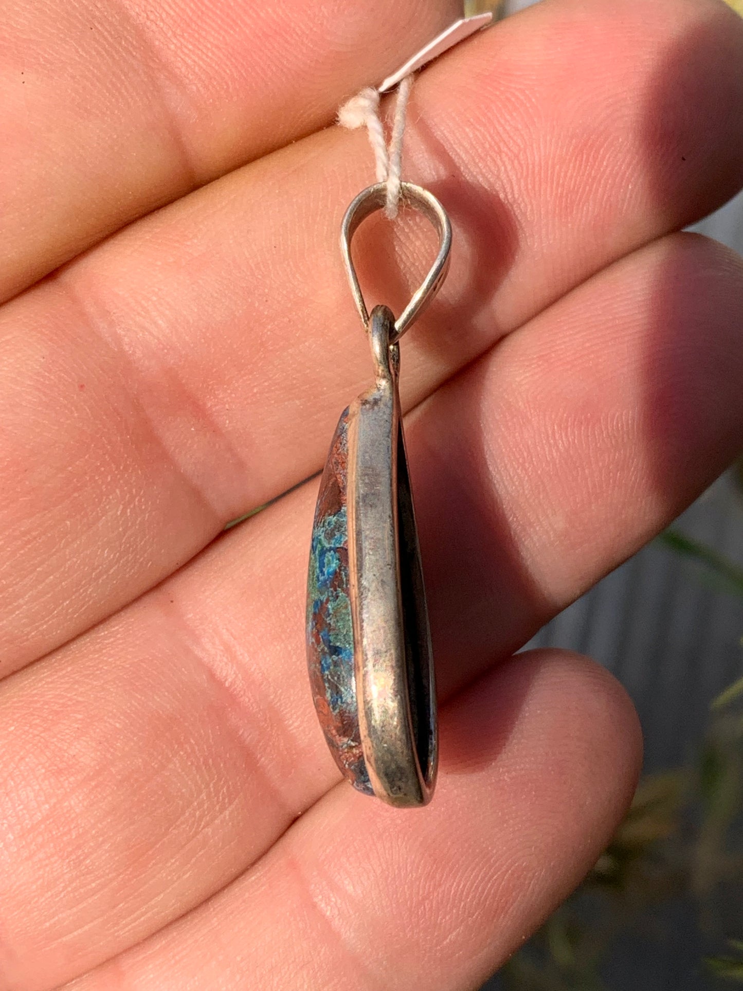 Chrysocolla! Unique silver pendant, 38 mm high x 13 mm wide x 7 mm thick. Sold with an adjustable black cord. Made by Gen &amp; Zen!