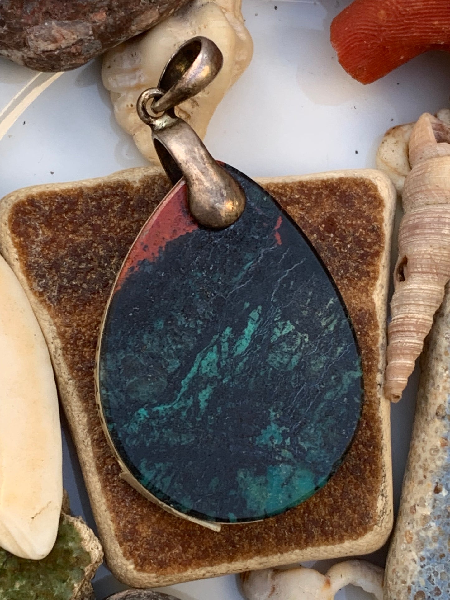 Chrysocolla! Unique silver pendant, 42mm high x 22mm wide x 5mm thick. Sold with an adjustable black cord. Made by Gen &amp; Zen!
