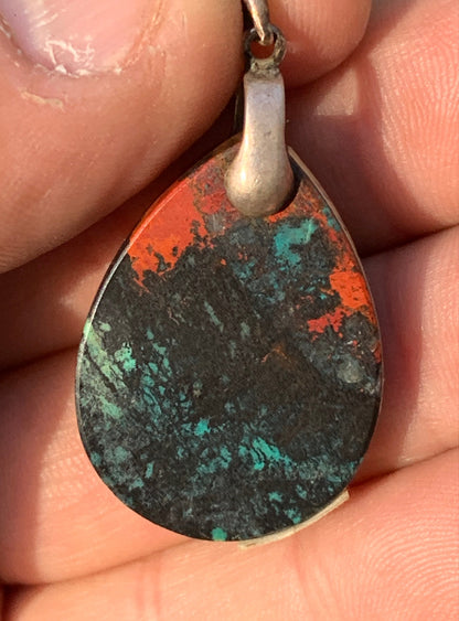 Chrysocolla! Unique silver pendant, 42mm high x 22mm wide x 5mm thick. Sold with an adjustable black cord. Made by Gen &amp; Zen!