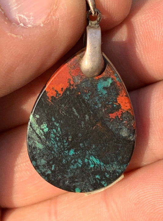 Chrysocolla! Unique silver pendant, 42mm high x 22mm wide x 5mm thick. Sold with an adjustable black cord. Made by Gen &amp; Zen!