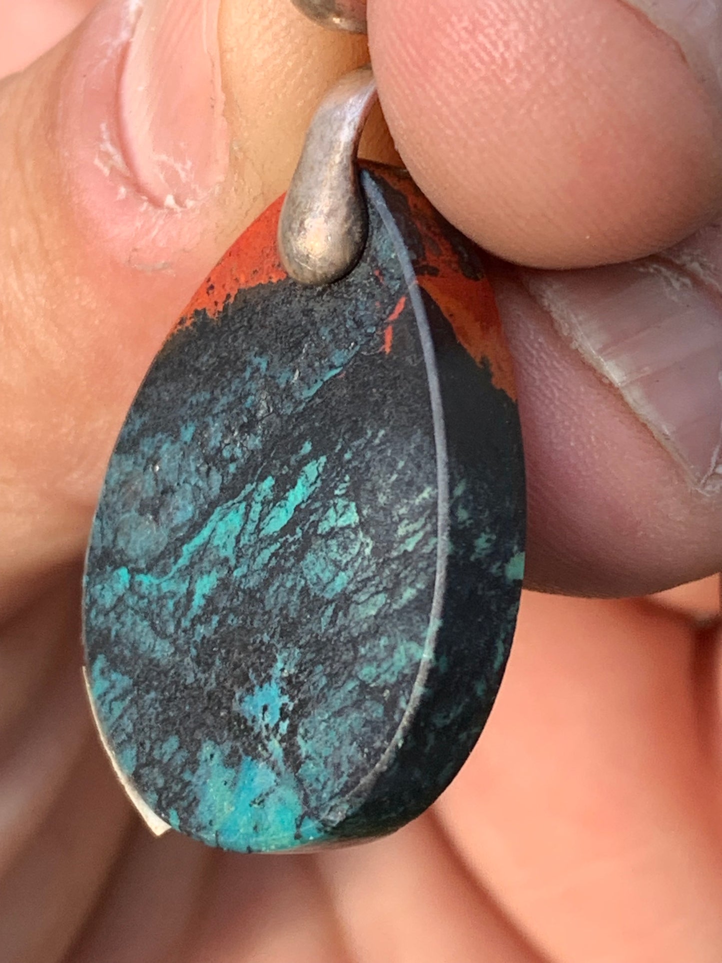 Chrysocolla! Unique silver pendant, 42mm high x 22mm wide x 5mm thick. Sold with an adjustable black cord. Made by Gen &amp; Zen!