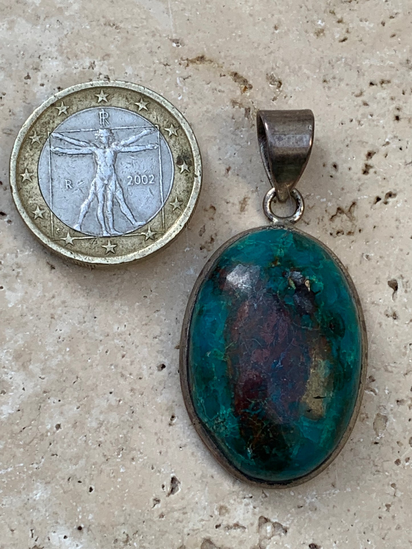 Chrysocolla! Unique silver pendant, 45mm high x 21mm wide x 10mm thick. Sold with an adjustable black cord. Made by Gen &amp; Zen!
