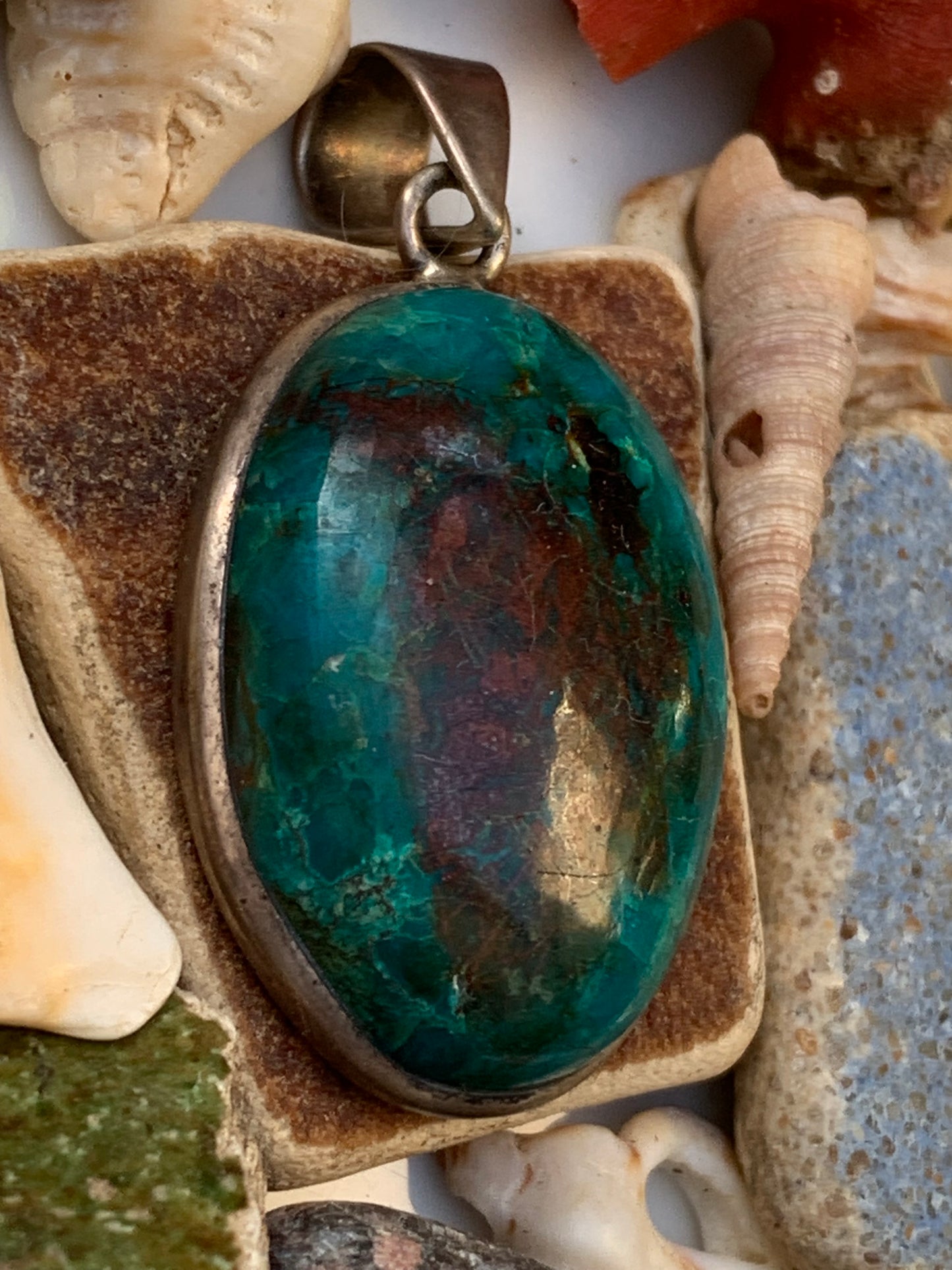 Chrysocolla! Unique silver pendant, 45mm high x 21mm wide x 10mm thick. Sold with an adjustable black cord. Made by Gen &amp; Zen!