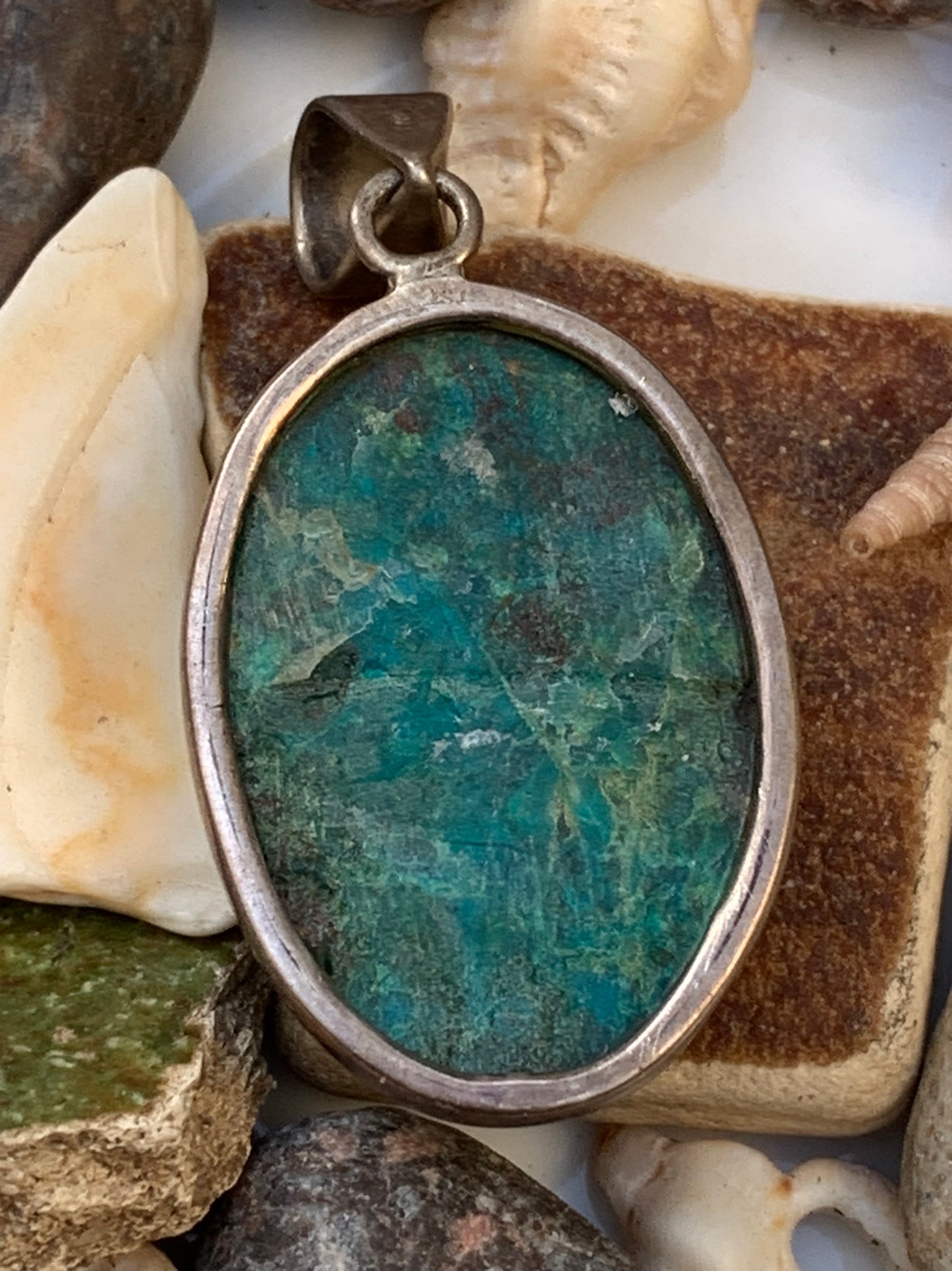 Chrysocolla! Unique silver pendant, 45mm high x 21mm wide x 10mm thick. Sold with an adjustable black cord. Made by Gen &amp; Zen!