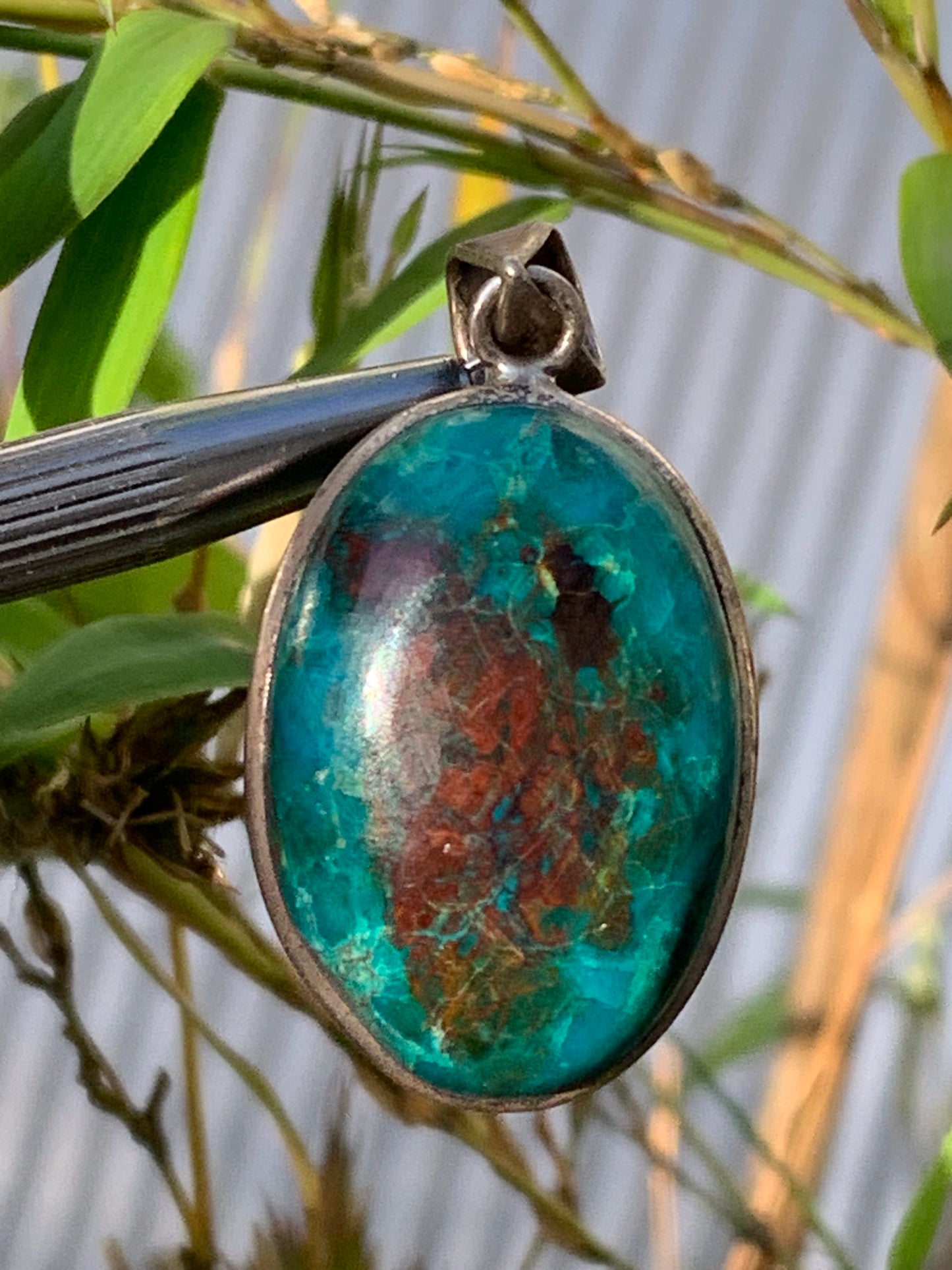 Chrysocolla! Unique silver pendant, 45mm high x 21mm wide x 10mm thick. Sold with an adjustable black cord. Made by Gen &amp; Zen!