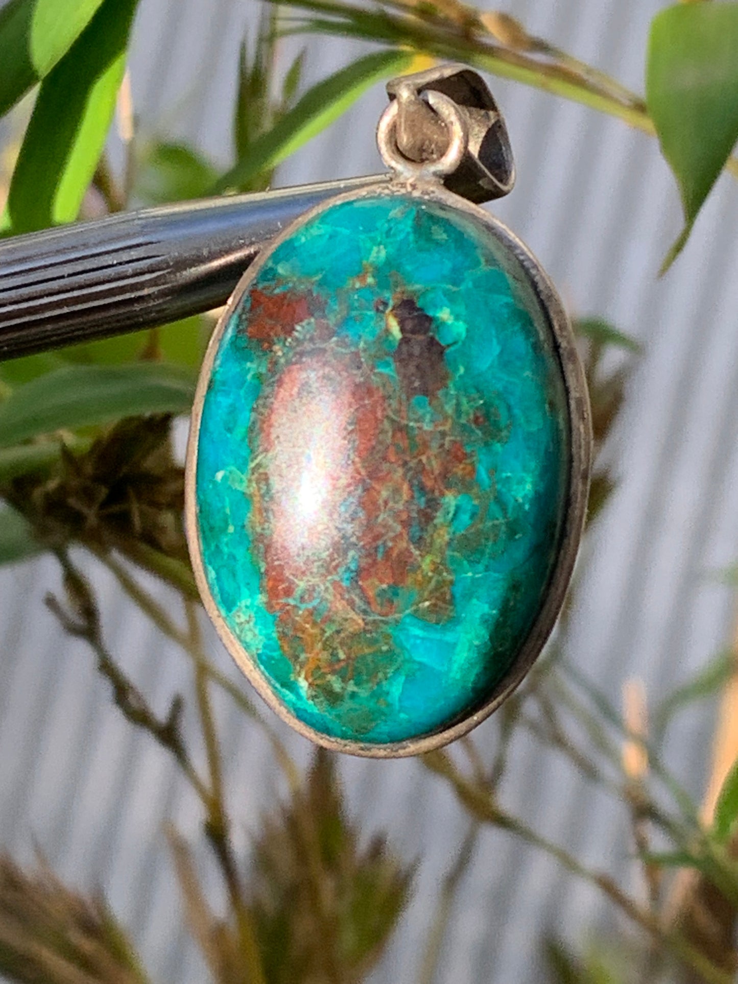 Chrysocolla! Unique silver pendant, 45mm high x 21mm wide x 10mm thick. Sold with an adjustable black cord. Made by Gen &amp; Zen!