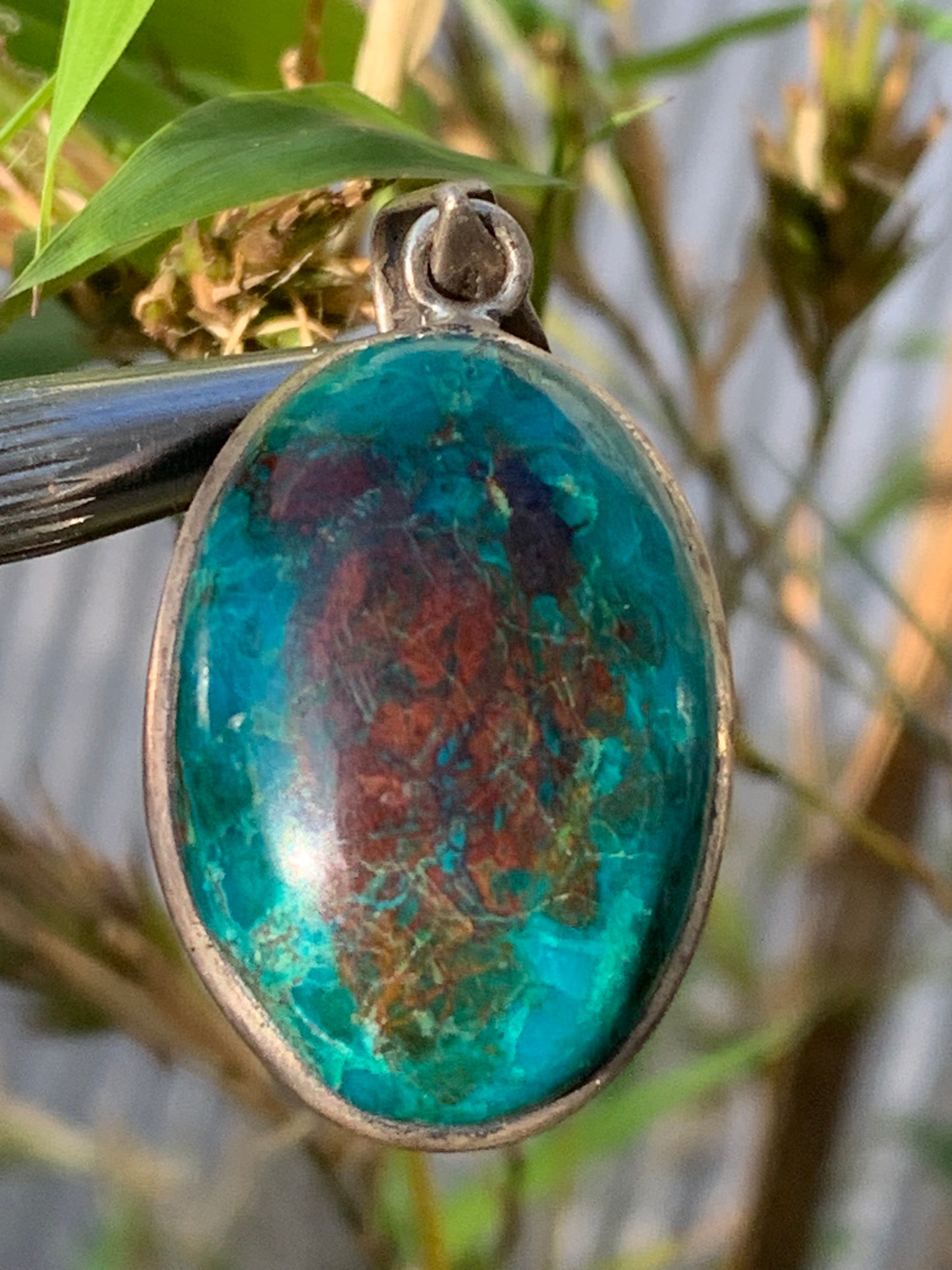 Chrysocolla! Unique silver pendant, 45mm high x 21mm wide x 10mm thick. Sold with an adjustable black cord. Made by Gen &amp; Zen!