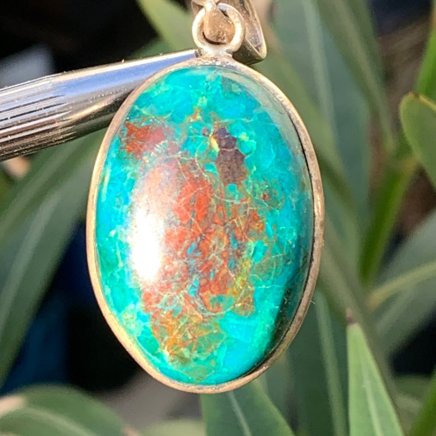 Chrysocolla! Unique silver pendant, 45mm high x 21mm wide x 10mm thick. Sold with an adjustable black cord. Made by Gen &amp; Zen!